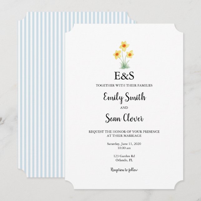 Invitación Monograma de boda de flor de narciso con franja az (Anverso / Reverso)