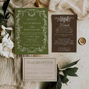 Invitación Monograma de boda de jardín marrón verde oliva flo