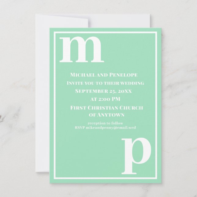 Invitación Monograma de boda de moda adorable en verde espuma (Anverso)