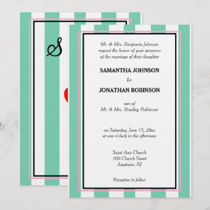 Invitación Monograma de Boda de Rayas Verdes Blancas Rosadas