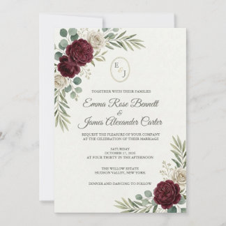 Invitación Monograma de boda de rosas borgoña y blancas