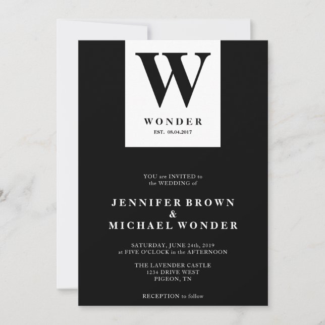 Invitación Monograma de boda escandinavo negro (Anverso)