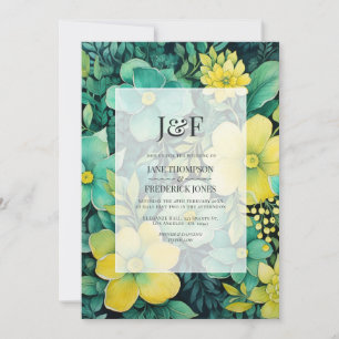 Invitación Monograma de boda floral amarillo y verde