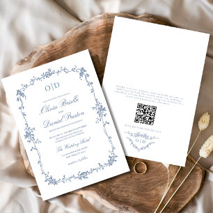 Invitación Monograma de Boda floral de código QR francés vict