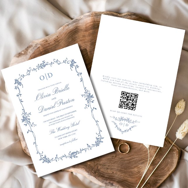 Invitación Monograma de Boda floral de código QR francés vict (Subido por el creador)