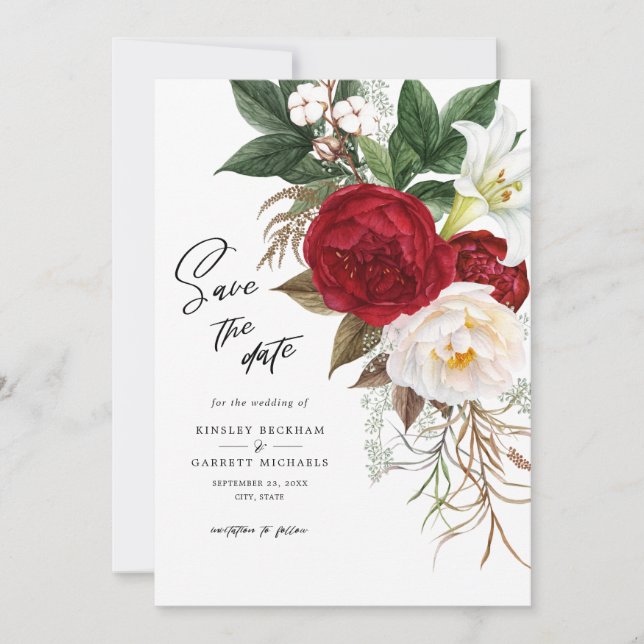 Invitación Monograma de boda floral rojo romántico para guard (Anverso)