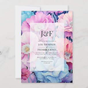Invitación Monograma de boda floral suave de aqua y rosa clar
