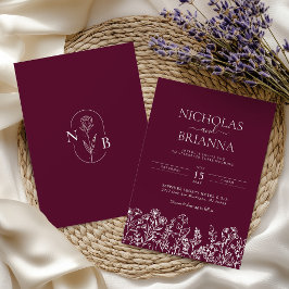 Invitación Monograma de boda minimalista con flores silvestre