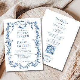 Invitación Monograma de boda victoriano real azul todo en uno