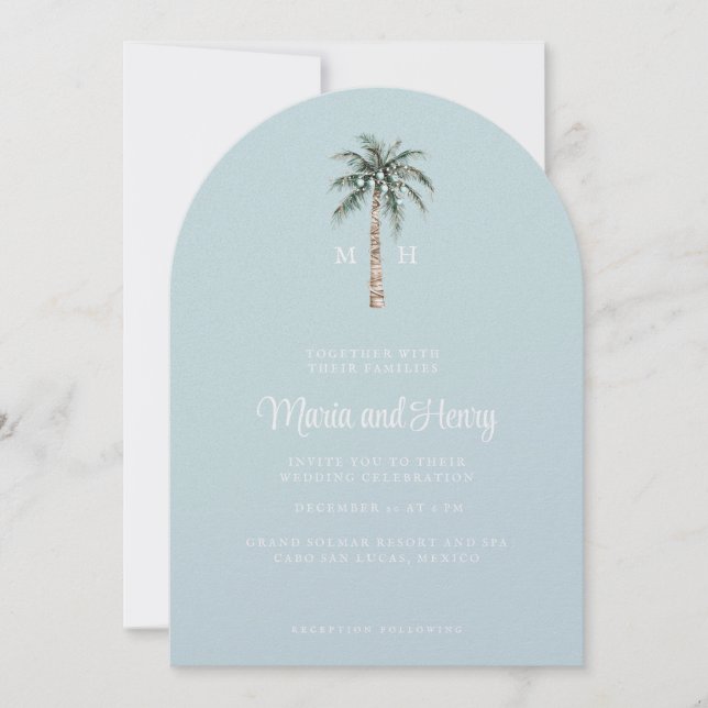 Invitación Monograma de bodas en la playa con arcos de palmer (Anverso)