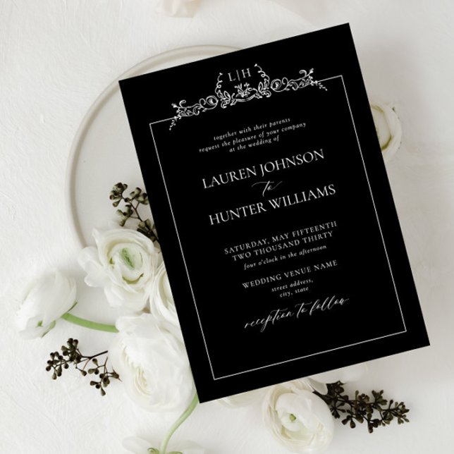 Invitación Monograma de borde floral blanco negro Boda (Subido por el creador)