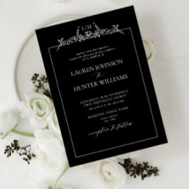 Invitación Monograma de borde floral blanco negro Boda