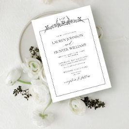 Invitación Monograma de borde floral blanco negro Boda