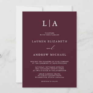 Invitación Monograma de Borgoña Boda Minimalista simple Invit