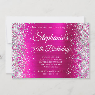 Invitación Monograma de brillo plateado Cumpleaños 50 rosa ca