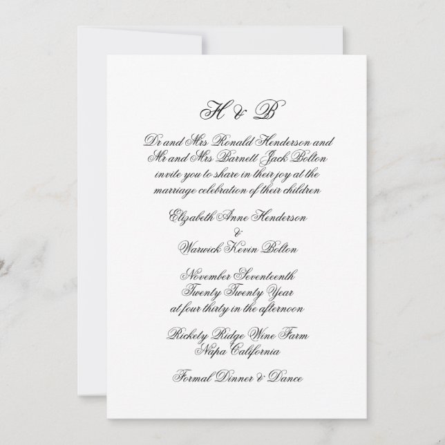 Invitación Monograma de caligrafía Boda formal blanco y negro (Anverso)