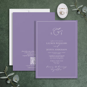 Invitación Monograma de caligrafía de lavanda elegante con có