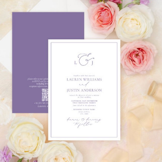 Invitación Monograma de caligrafía de lavanda elegante con có (Subido por el creador)