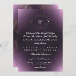 Invitación Monograma de caligrafía púrpura de deco dorado clá