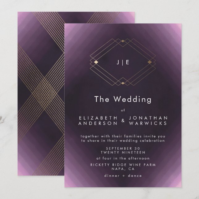 Invitación Monograma de caligrafía púrpura de deco dorado clá (Anverso / Reverso)