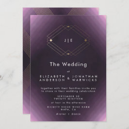 Invitación Monograma de caligrafía púrpura de deco dorado clá