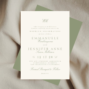 Invitación Monograma de caligrafía verde sabio Crema El Boda