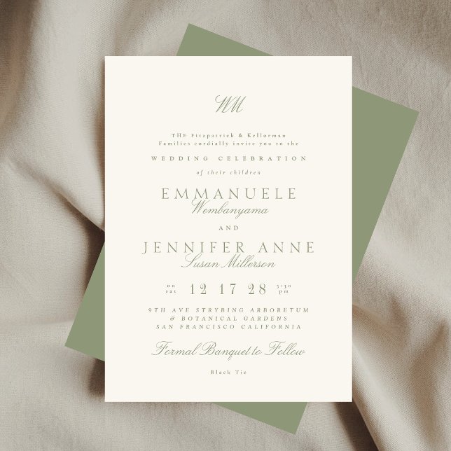 Invitación Monograma de caligrafía verde sabio Crema El Boda (Subido por el creador)