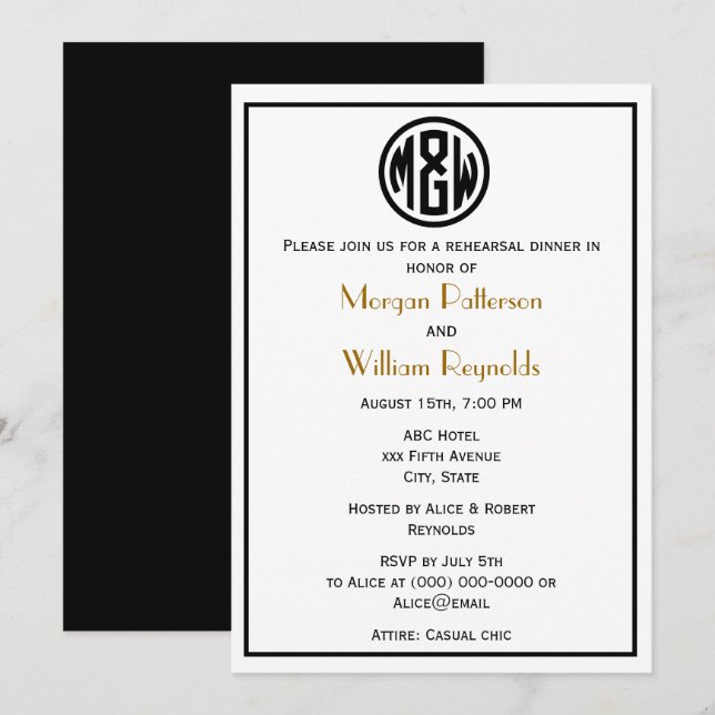 Invitación Monograma de círculo negro blanco DIY BG (Anverso / Reverso)