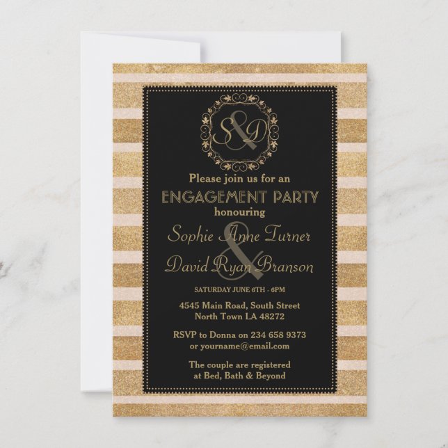 Invitación Monograma de compromiso de flor de oro Rosa románt (Anverso)