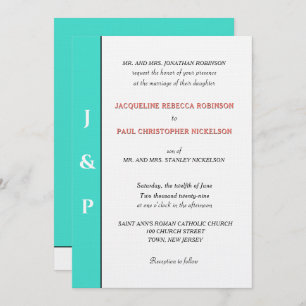 Invitación Monograma de coral turquesa minimalista