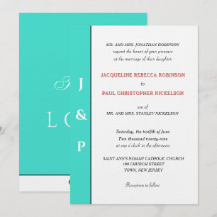 Invitación Monograma de coral turquesa minimalista