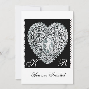 INVITACIÓN MONOGRAMA DE CORAZÓN CON ENCAJE CUPIDO