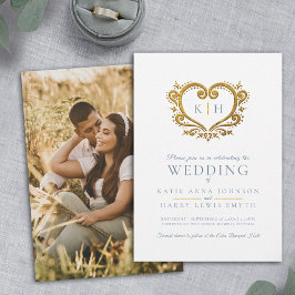 Invitación Monograma de corazón dorado azul gris boda foto