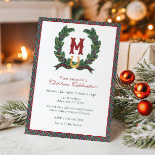 Invitación Monograma de corona de Navidad ecuestre con acuare