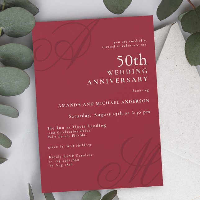 Invitación Monograma de Cranberry Red Elegant 50 Aniversario (Subido por el creador)