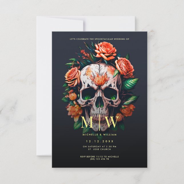 Invitación Monograma de cráneo floral Boda de Halloween (Anverso)
