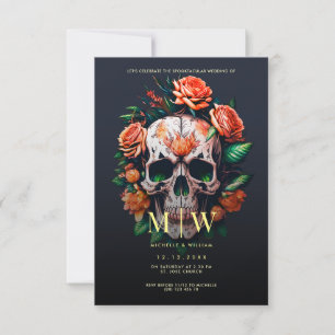 Invitación Monograma de cráneo floral Boda de Halloween