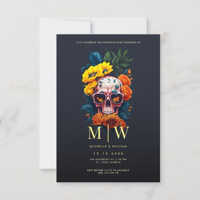 Invitación Monograma de cráneo floral Boda de Halloween (Anverso)