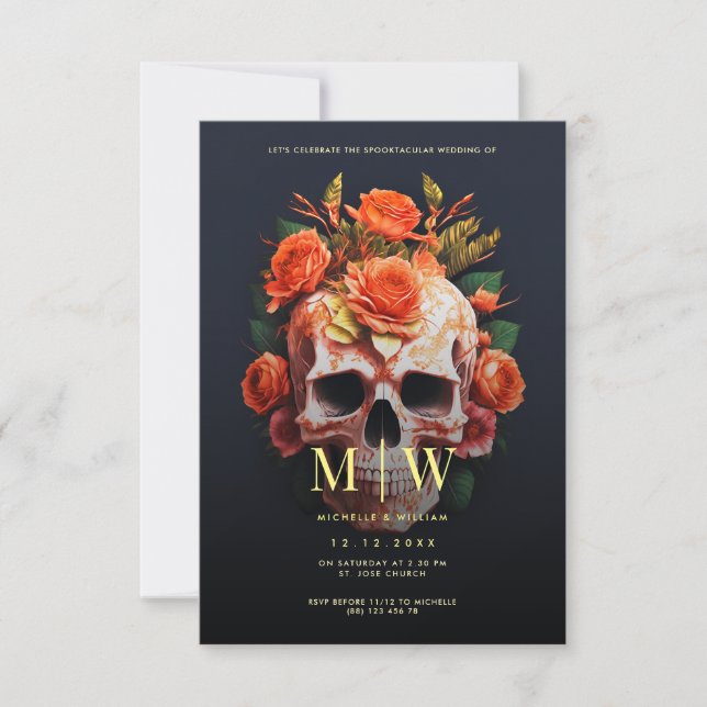 Invitación Monograma de cráneo floral Boda de Halloween (Anverso)