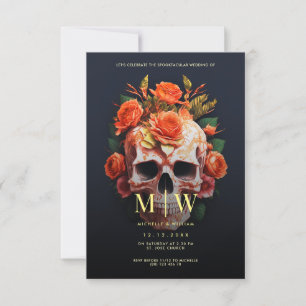 Invitación Monograma de cráneo floral Boda de Halloween