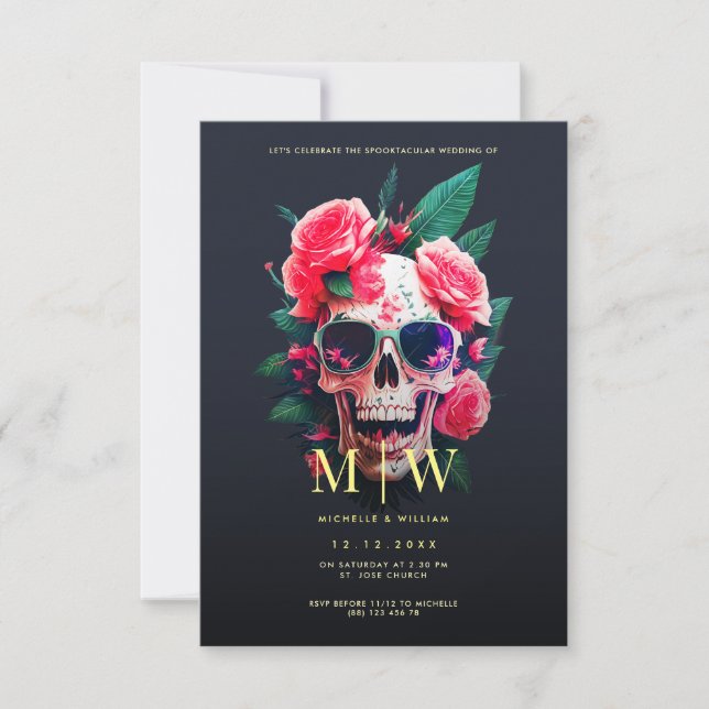Invitación Monograma de cráneo floral Boda de Halloween (Anverso)