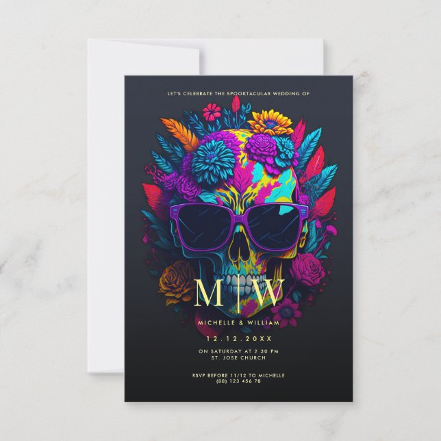 Invitación Monograma de cráneo floral Boda de Halloween (Anverso)