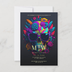 Invitación Monograma de cráneo floral Boda de Halloween