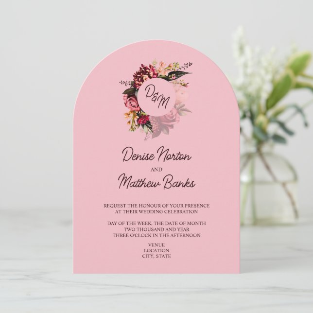Invitación Monograma de crisantemo en almendra de color rosa (Anverso de pie)