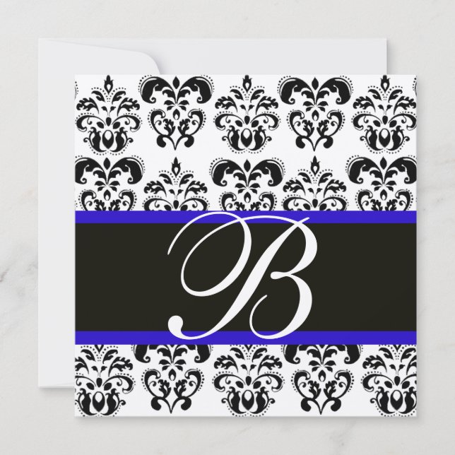 Invitación MONOGRAMA DE DAMASCA AZUL DE ORO Y NEGRO, blanco (Anverso)