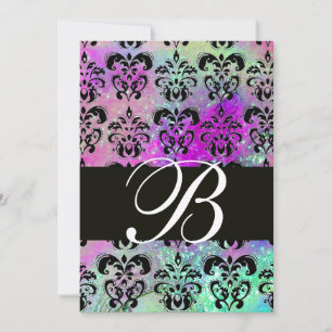 INVITACIÓN MONOGRAMA DE DAMASCA AZUL NEGRO PURPLE AQUA VERDE 