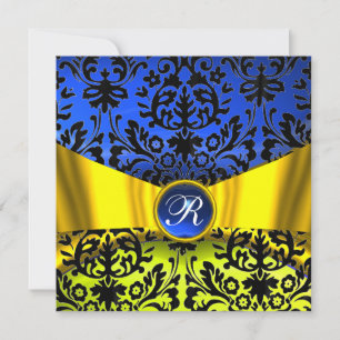 INVITACIÓN MONOGRAMA DE DAMASCA DE ORO AMARILLO RIBÓN AZUL NE