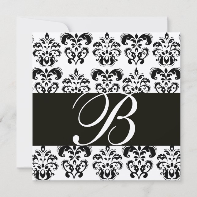 Invitación MONOGRAMA DE DAMASCA DE ORO Y NEGRO, blanco (Anverso)