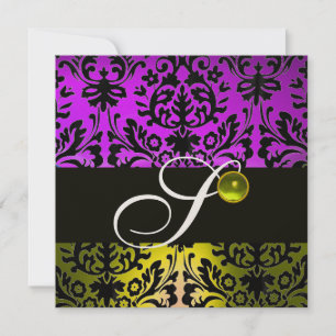 INVITACIÓN MONOGRAMA DE DAMASCA NEGRA AMARILLA PURPLE NEGRO T