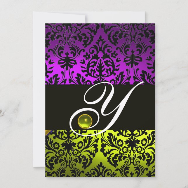 INVITACIÓN MONOGRAMA DE DAMASCA NEGRA AMARILLA PURPLE NEGRO T (Anverso)